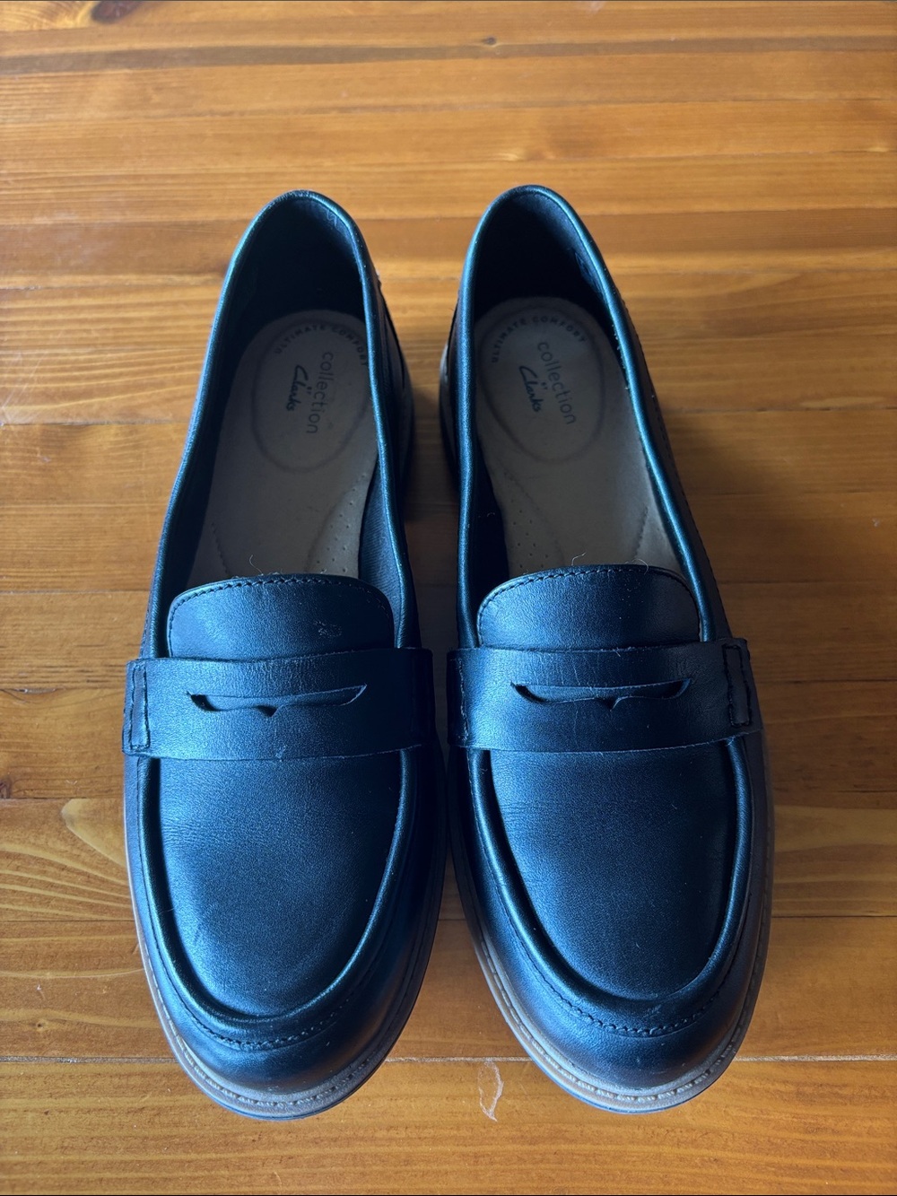 Clarks Black Leather Penny-Style Loafers for Women